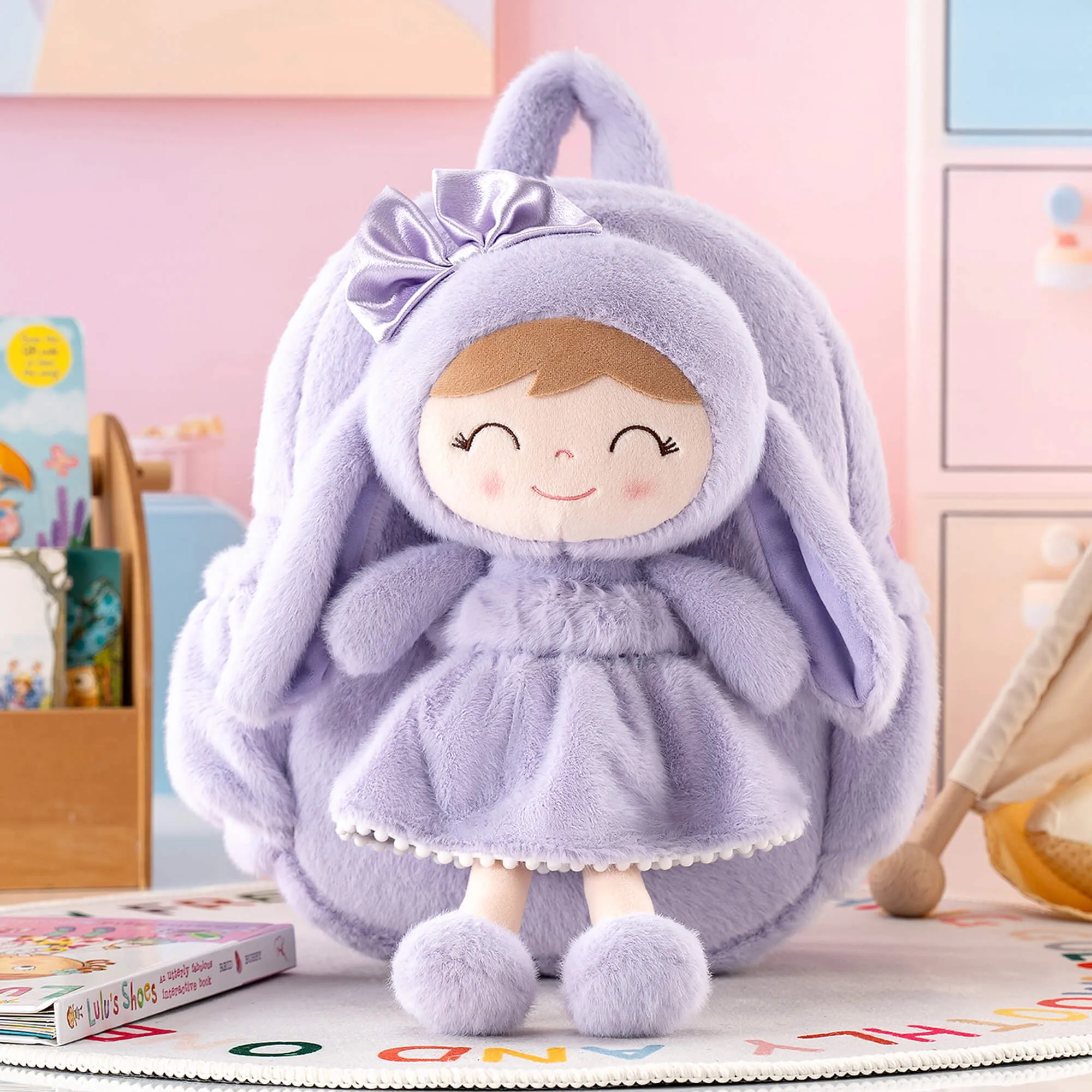 Gloveleya 11-inch Toddler Girl Backpack Snow Ferret Kindergarten Backpacks with 12-inch Purple Bunny Doll