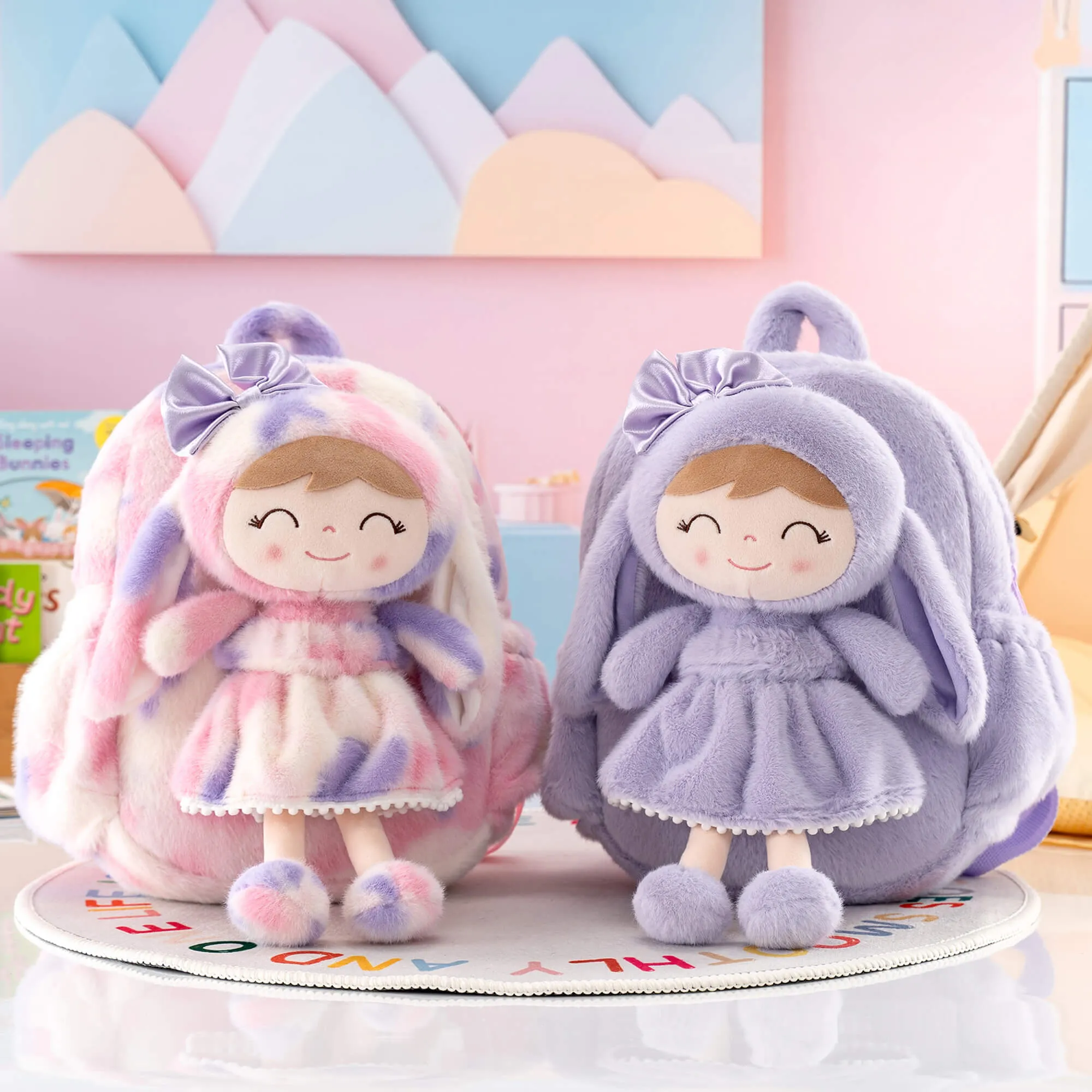 Gloveleya 11-inch Toddler Girl Backpack Snow Ferret Kindergarten Backpacks with 12-inch Purple Bunny Doll