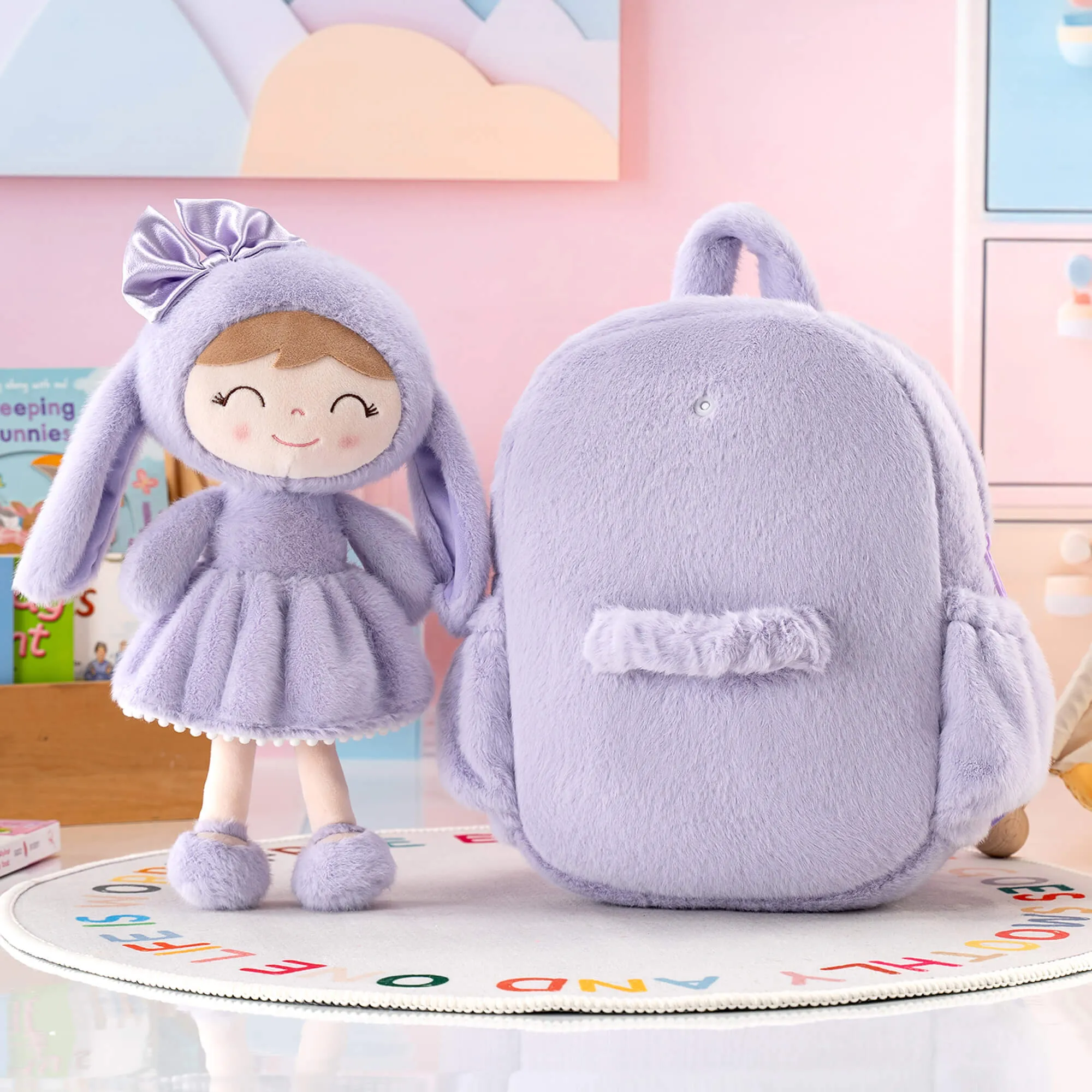 Gloveleya 11-inch Toddler Girl Backpack Snow Ferret Kindergarten Backpacks with 12-inch Purple Bunny Doll