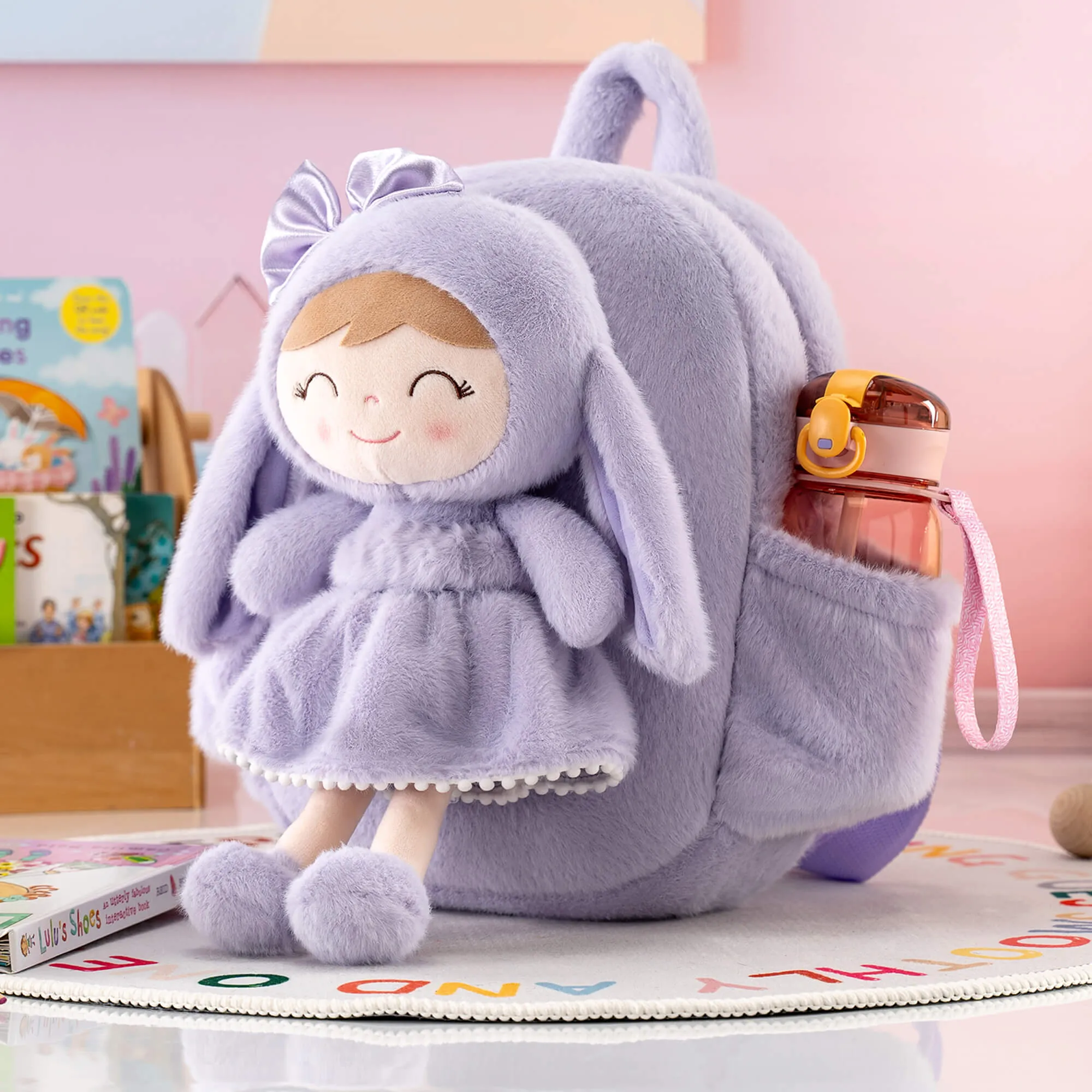 Gloveleya 11-inch Toddler Girl Backpack Snow Ferret Kindergarten Backpacks with 12-inch Purple Bunny Doll