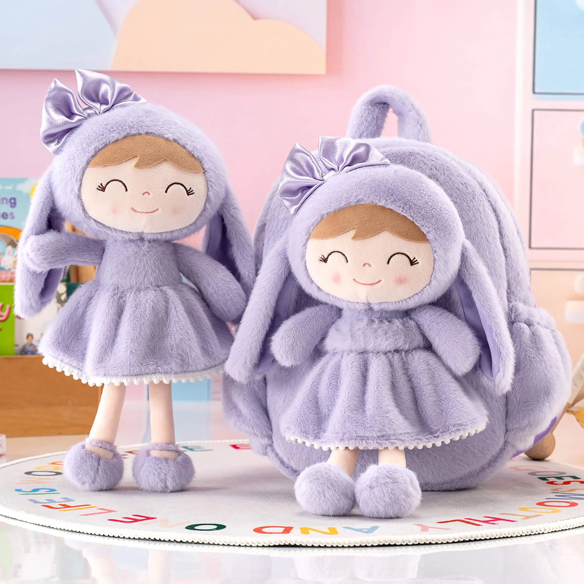 Gloveleya 11-inch Toddler Girl Backpack Snow Ferret Kindergarten Backpacks with 12-inch Purple Bunny Doll