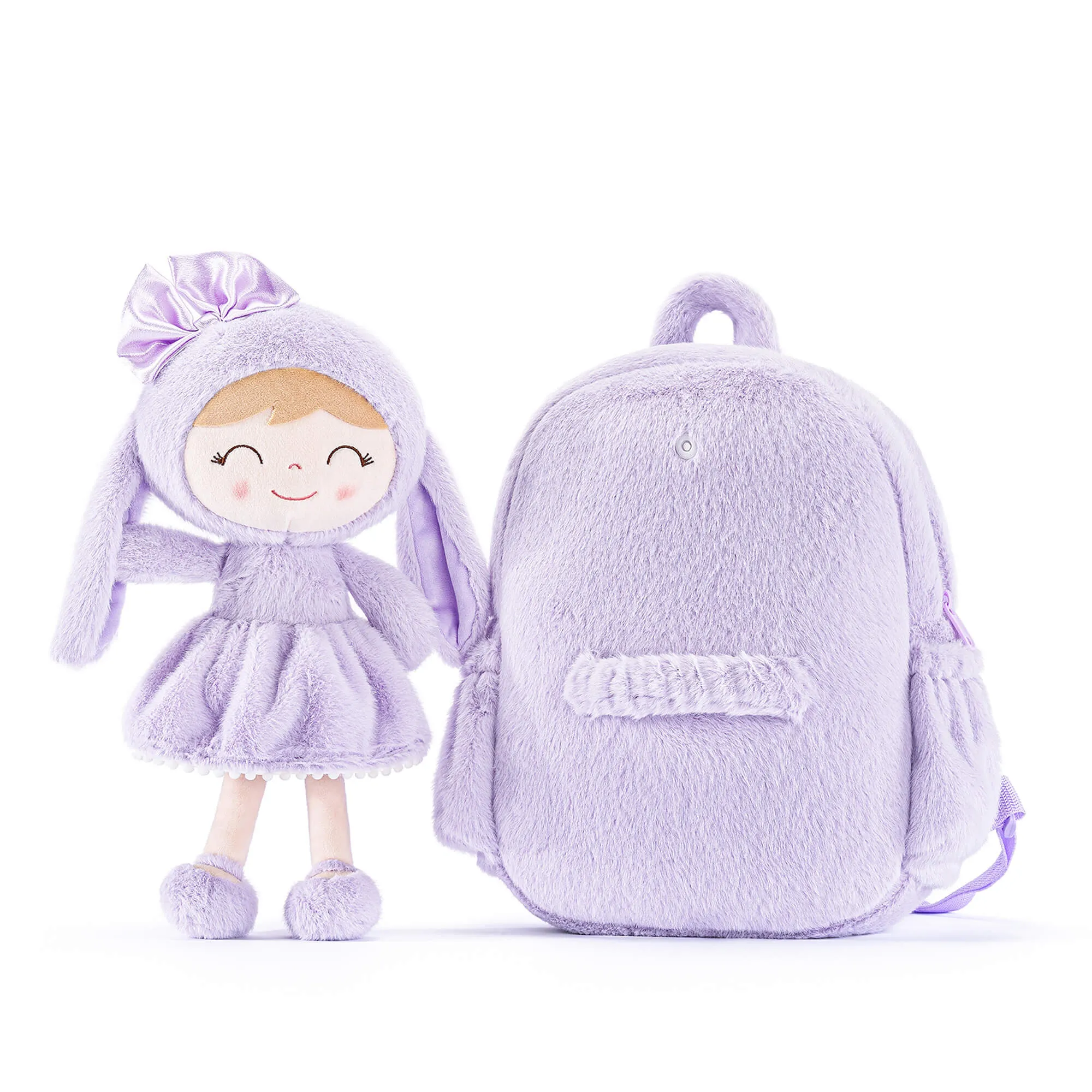 Gloveleya 11-inch Toddler Girl Backpack Snow Ferret Kindergarten Backpacks with 12-inch Purple Bunny Doll