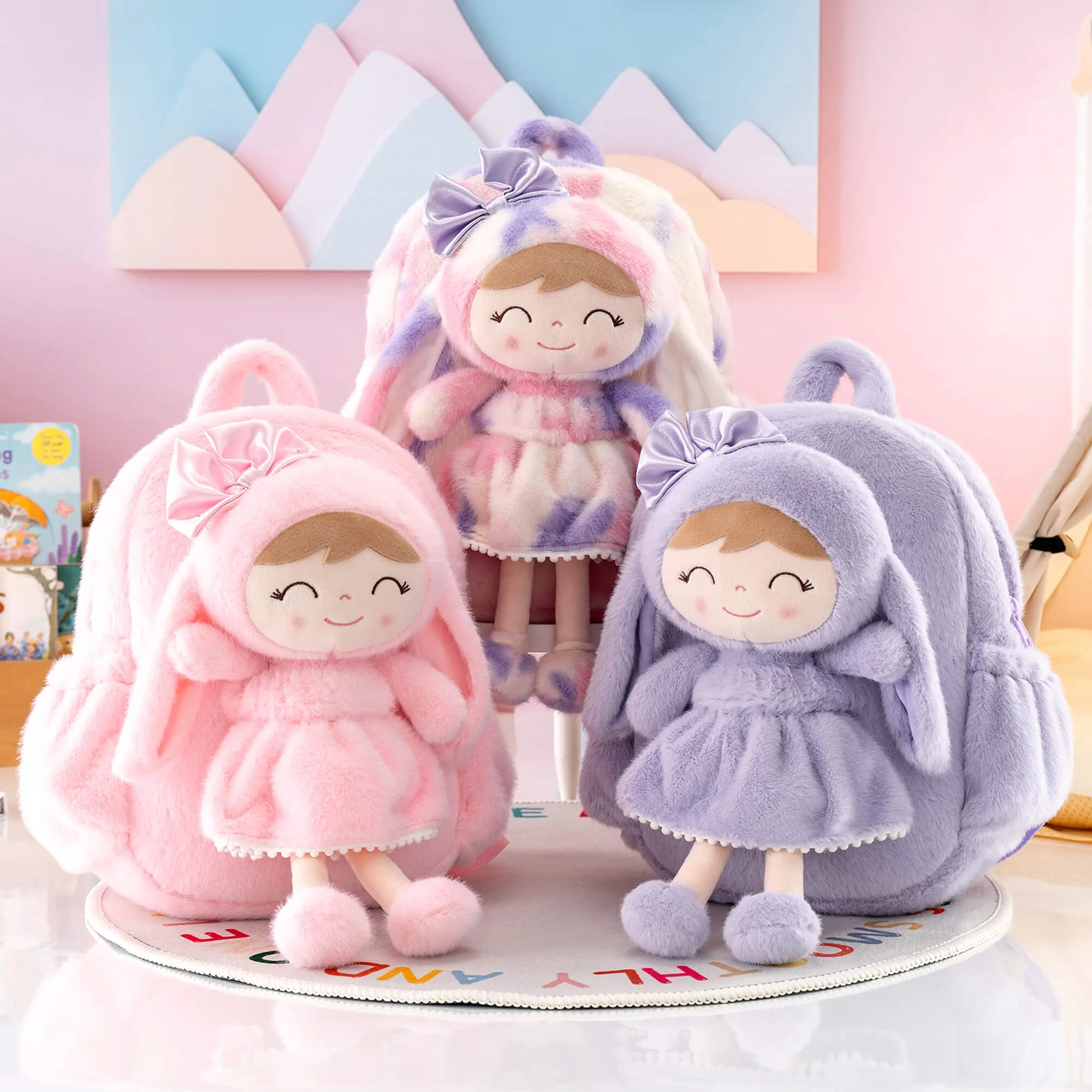 Gloveleya 11-inch Toddler Girl Backpack Snow Ferret Kindergarten Backpacks with 12-inch Purple Bunny Doll
